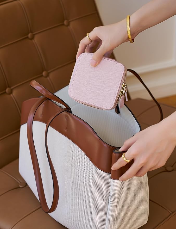 Popvibe Small Jewelry Box Portable Jewelry Case Travel Jewelry Organizers and Storage with 6 Mini Pouch Jewelry Bags, Pink Traveling Jewelry Case for Women