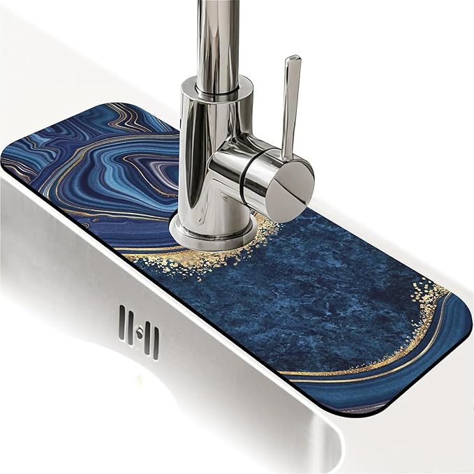 Kitchen Sink Splash Guard, Dark blue gold marble Faucet Mat Sink Gadgets - Super Absorbent Fast Drying Mat Drip Catcher for Kitchen, Bathroom, Sink Mat, Dish Drying Mat, Bathroom (15" X 5.5")