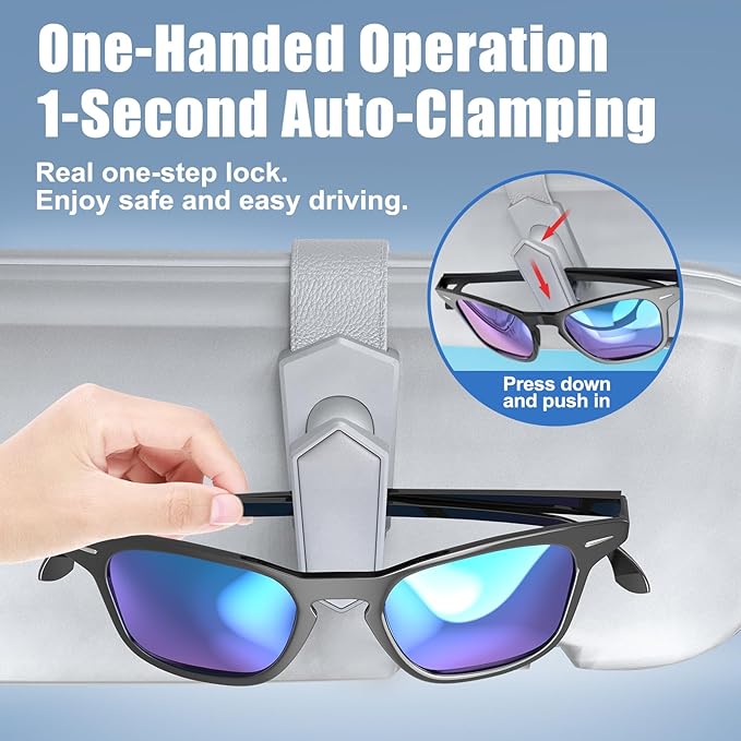 Veharvim One-Handed-Operation Sunglasses Holder for Car, Visor Sunglass Holder Clip, Car Accessories Interior, Universal Fit Silicone Padded Visor Sunglass Holder Car, Unmatched Durability (2 Pack)