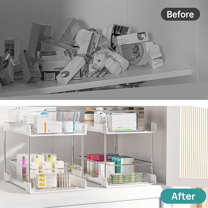 2 Pack Bathroom Organizers and Storage,2-Tier Clear Under Sink and Pull-Out Cabinet Organizer with Track for Kitchen, Pantry,Vanity Countertop,Medicine Cabinet,Closet Drawer Bins (White)