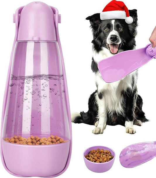 UPSKY Dog Water Bottle | Portable & Foldable Dog Water Bottle | 3-in-1 Portable Pet Water Dispenser with Food Container & Poop Scooper for Outdoor Walking, Hiking & Travel,14.2oz(Pink)