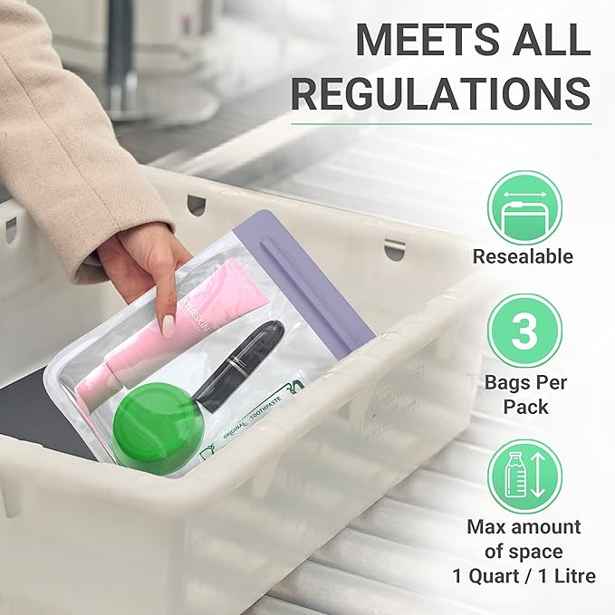 Ogato 3pcs - TSA Approved Toiletry Bag - Our Quart Size Clear Toiletry Bags are Security Approved Worldwide for Liquids & Cosmetics - 100% 3-1-1 Compliant Clear Travel Bags for Toiletries Violet