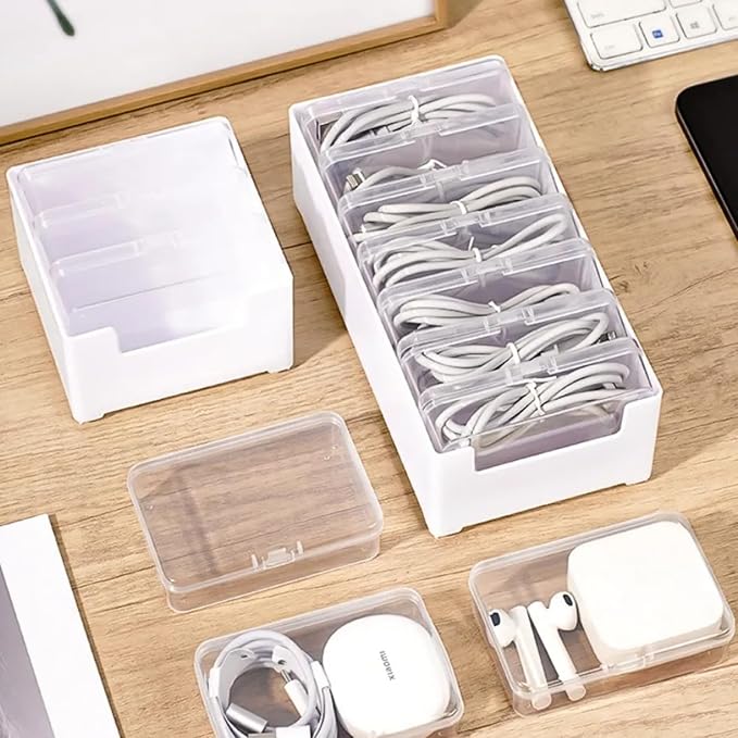 RayHenry Cable Organizer Box with 7 Clear Switch Case, Desktop Charger Cord Storage Organizer Box for Home Office Desk Accessories Wire Organization Stationery Supplies (white)