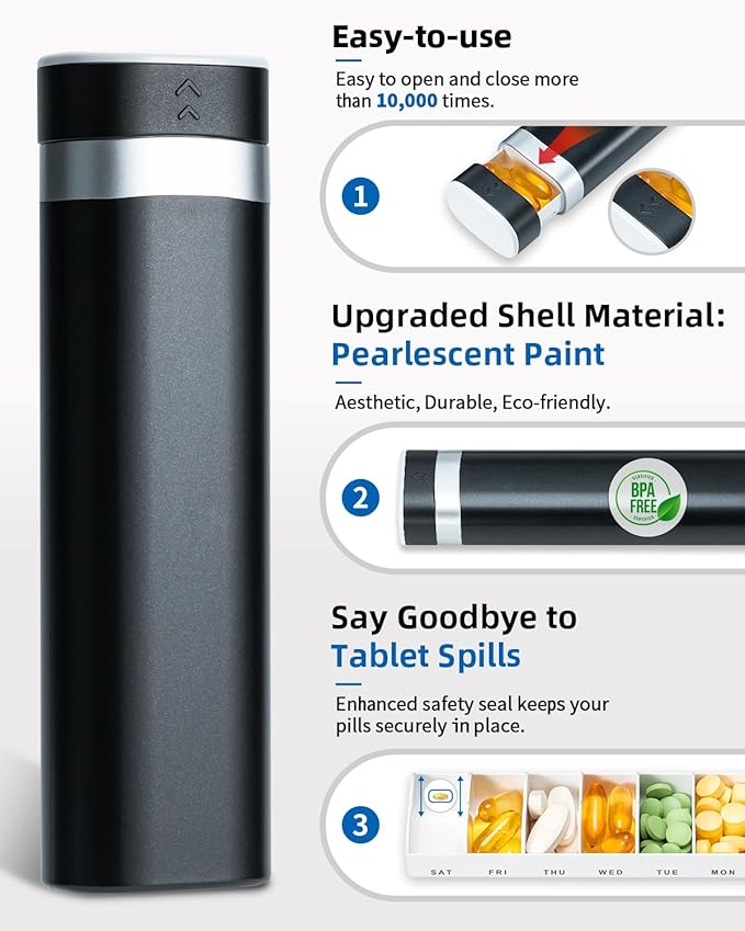 Betife Travel Pill Organizer Weekly 7 Day, Compact Daily Pill Box, Portable Medicine Case, Cute Pill Holder for Vitamins Supplements, Drawer-Shaped Pills Organizer (Black)