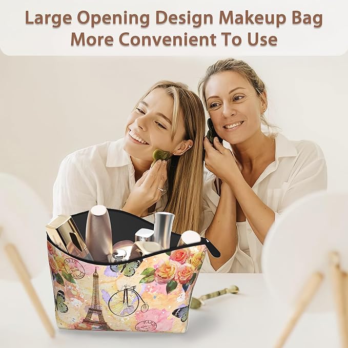 Vintage Paris Tower Makeup Bag Travel Cosmetic Bag for Women,Rose Flowers Small Make up Pouch Travel Bags for Toiletries Aesthetic Accessories Waterproof Gifts