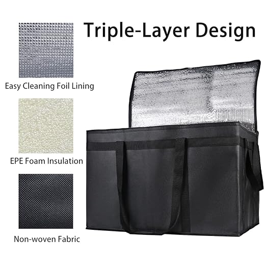 Bodaon Insulated Food Delivery Bag, XXXL Pizza Delivery Bags for Hot and Cold Food, Commercial, Large Capacity Reusable Warming Bag, Catering Cooler Bag for Rideshare, Warmers for Parties (Black, 1Pk)
