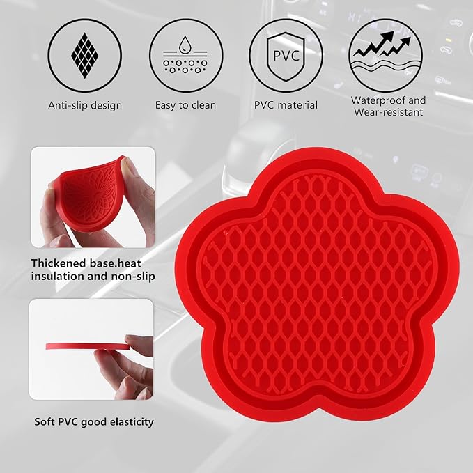 GaRhomxy Car Cup Holder Coaster, Universal Non-Slip Recessed Flower Shaped Cup Holders, Cute Car Accessories Interior for Women and Man Interior Sets 4 Pack (Red)
