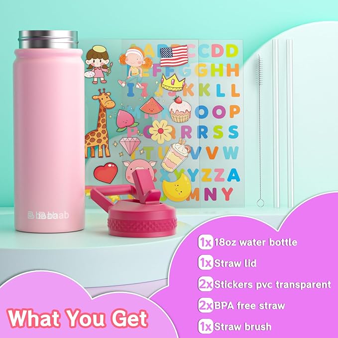 baab 18oz Kids Water Bottle, Insulated Water Bottle with Straw & Stickers, 18/8 Stainless Steel Vacuum Leakproof Kids Water Straw Cup for School, Gift for Boy Girl (Rose Pink+White, 2 Pack)