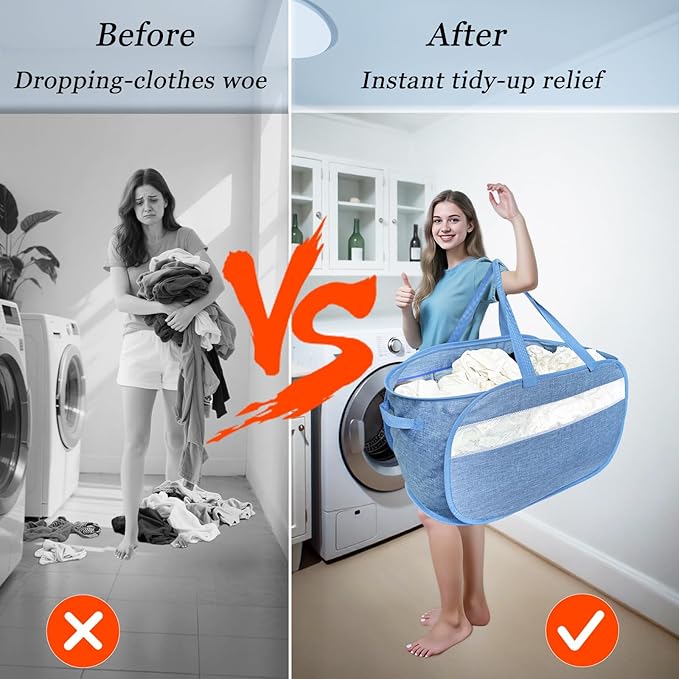 100L Mesh Pop Up Laundry Hampers with Handles, Extra Large Collapsible Laundry Baskets 2 Pack, Portable Travel Laundry Basket, Dirty Clothes Hamper Light Breathable, Bule. 2H