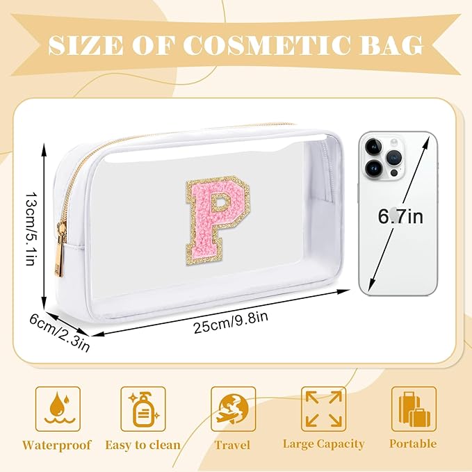Personalized Initial Letter Clear Makeup Bag, Preppy Small Nylon & PVC Cosmetic Zipper Bag with Chenille Letter, Travel Skincare Toiletry Bag, Monogram Christmas Gift for Teen Girls Women, P