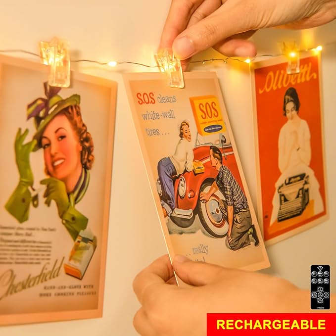 17FT 100LEDs Rechargeable Photo Clips String Light,Remote Control,3 Off Timer,Tangle-Free,Detachable Battery Operated Fairy Lights,Dorm Room Essential for Girl,Christmas(Cool+Warm White,1Pack)