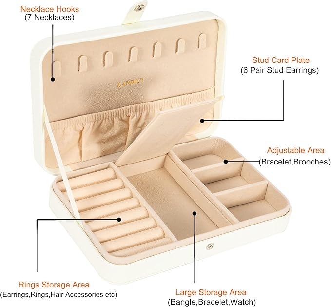 LANDICI Small Jewelry Box for Women Girls, PU Leather Travel Jewelry Case, Portable Jewelry Organizer Storage Holder Display for Ring Earrings Necklace Bracelet Bangle Men Kids Gift, White