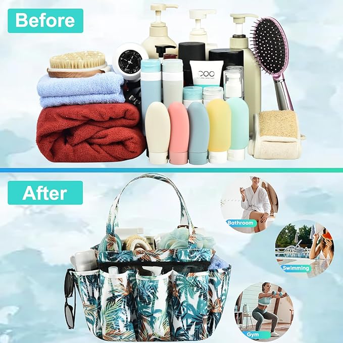 Haundry Shower Caddy Bag, Portable Mesh Shower Basket Organizer with Key Hook for College Dorm Bathroom Camp Gym, Hanging Tote Bag with 8 Pockets, Coconut Tree