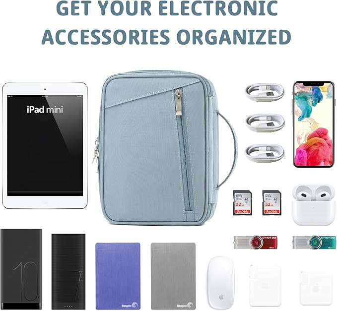 mygreen Electronics Travel Organizer, Waterproof Electronic Accessories Case Portable Double Layer Cable Storage Bag for Cord, Charger, Flash Drive, Phone, iPad Mini, SD Card, Gifts for Him, Grey
