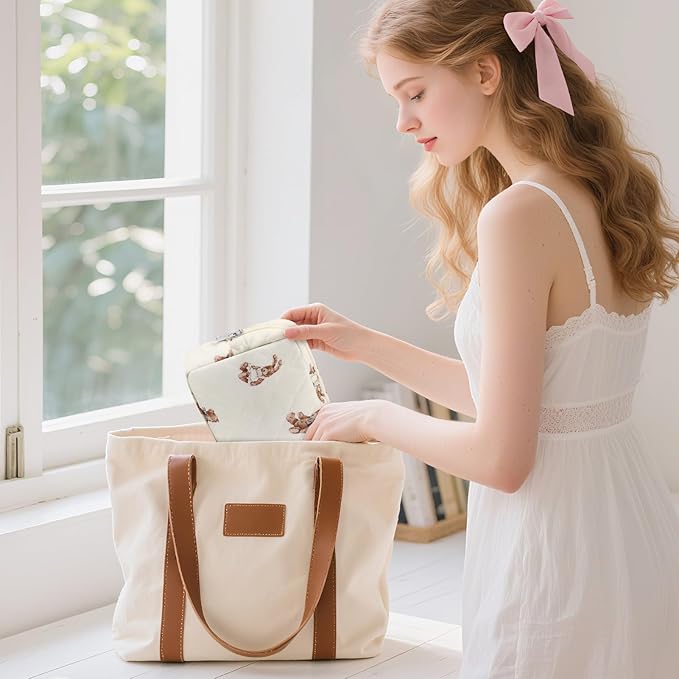 Small Quilted Cotton Makeup Bag for Purse Mini Cosmetic Period Bag for Women Cute Small Bear Makeup Sanitary Pouch Portable Travel Toiletry Bags with Zipper Christmas Birthday Gifts