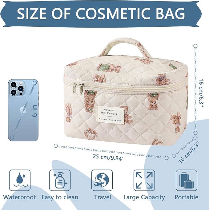 Large Makeup Bag, Cute Cosmetic Bag for Women Girls, Floral Coquette Aesthetic Toiletry Bag, Travel Make Up Organizer Bag (White-Bear)