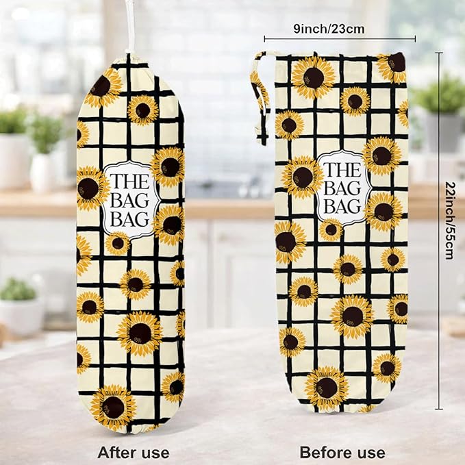Sunflower Plastic Bags Holder, The Bag Bag Grocery Bags Holder for Kitchen Essentials, Reusable Hanging Grocery Sack Organizer, Floral Reusable Plastic Sack Storage Dispenser for Home Kitchen Decor