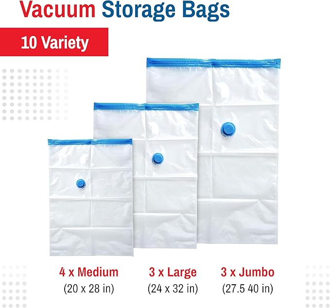 10 Pack Variety Vacuum Storage Bags for Comforters, Blankets & Clothes – Vacuum Sealed Compression Bags with Electric Pump – Space Saver Storage Bags for Bedding, Travel & Organization (4M, 3L, 3XL)