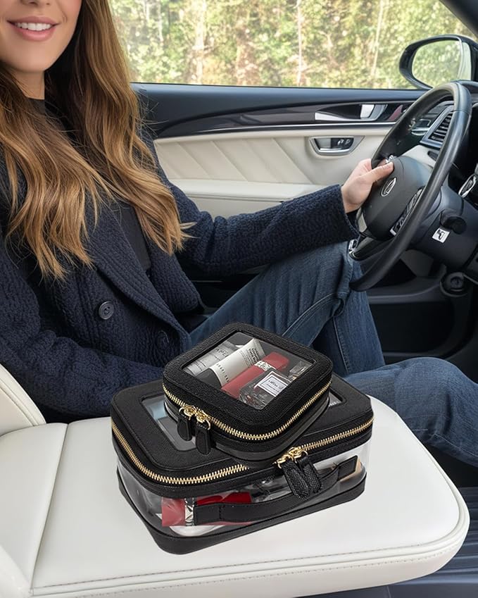 Clear Makeup Bag Set, Small Portable Clear Makeup Bag Cute Waterproof Travel Cosmetic Bag Makeup Pouch TSA Approved Toiletry Bag Women Traveling Car Organizer Car Essentials (Black, Standard + Mini)