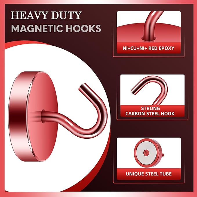 Neosmuk Magnetic Hooks, Cruise Ship Essentials, 100lb+ Heavy Duty Magnetic Hooks for Cruise Cabins, Refrigerator, Grill, Hanging, and Travel | Extra Strong Must-Have Magnet Hook, Red, 5 Pack