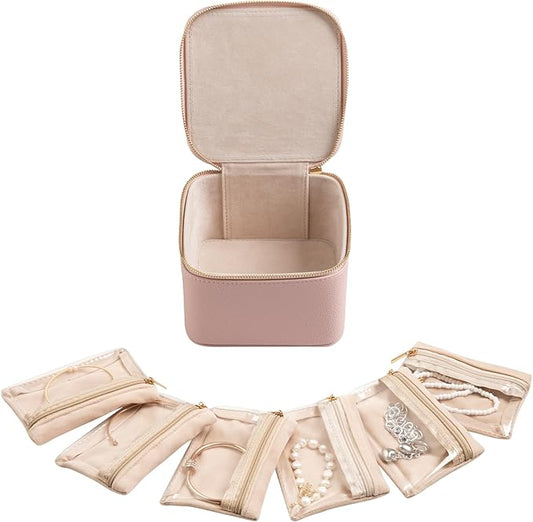 Frebeauty Small Travel Jewelry Box,Travel Jewelry Case with 6 Pouch Bags,Portable Travel Jewelry Organizer,Mini Jewelry Storage,3.35 x 4.9 x 4.8 Inches,Gift Idea for Women Girls(Pink)