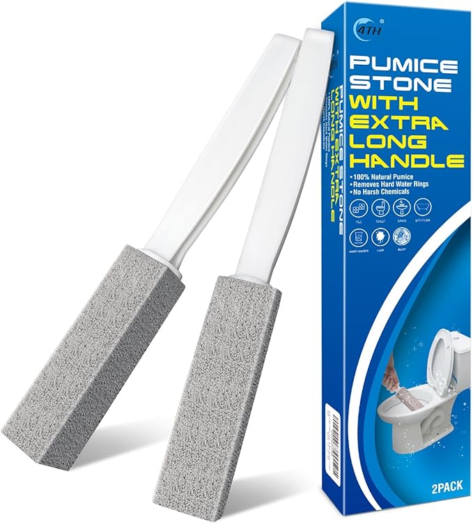 4TH Pumice Stone Toilet Bowl Cleaning Stick with Extra Large Handle,Cleans Away Limescale Stain,Hard Water Rings, Calcium,Iron and Rust. Remover for Tile/Bath/Kitchen - 2 Pack