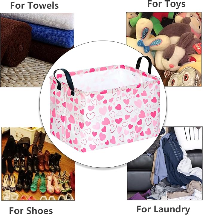 MAIZMZ Girls Gift Basket Heart Print Storage Cube for Women, Closet Shelf Organizer Bins Empty Gift Basket with Handles Nursery hamper Kids Toys Books Box Room Decor