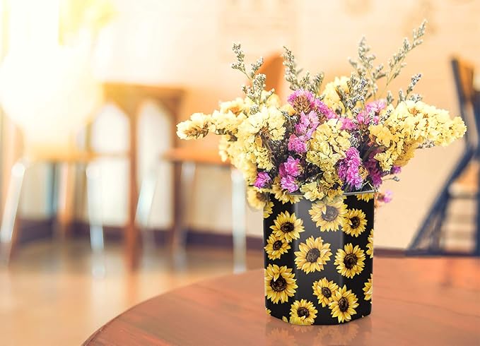 WAVEYU Pen Holder, Pencil Holder for Desk Floral Pattern Pencil Cup for Girls Kids Durable Ceramic Desk Organizer Makeup Brush Holder for Office, Classroom, Home, Sunflower