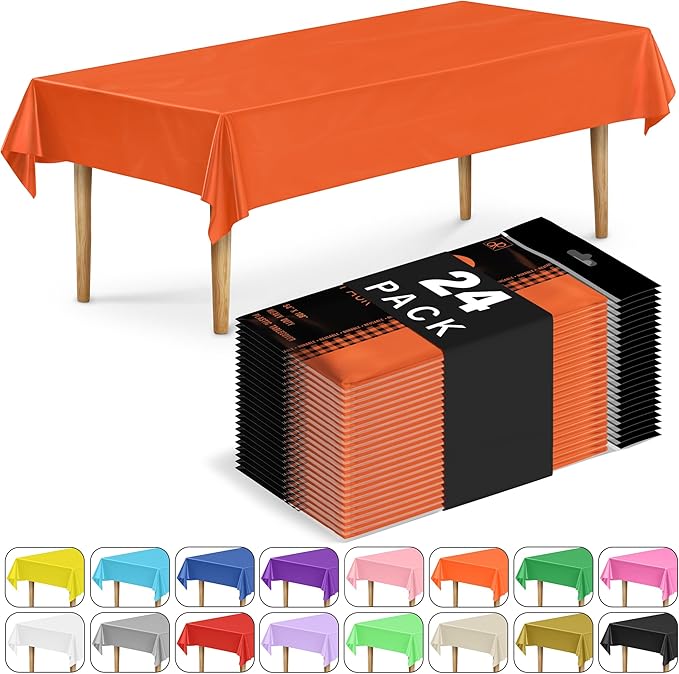 DecorRack 24 Pack Rectangular Tablecloths BPA-Free Plastic, 54 x 108 inch, Dining Table Cover Cloth for Parties, Picnic, Camping and Outdoor, Disposable or Reusable in Bright Orange (24 Pack)