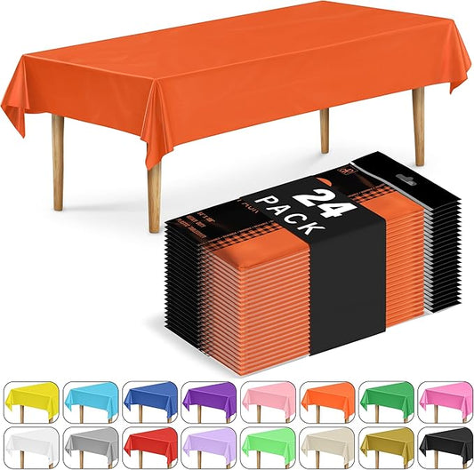 DecorRack 24 Pack Rectangular Tablecloths BPA-Free Plastic, 54 x 108 inch, Dining Table Cover Cloth for Parties, Picnic, Camping and Outdoor, Disposable or Reusable in Bright Orange (24 Pack)