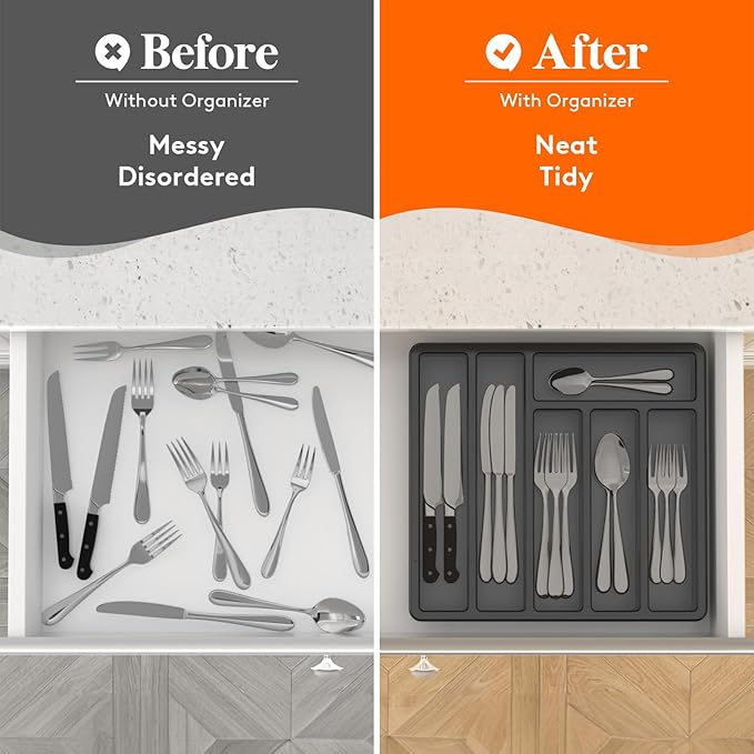 Lifewit Silverware Organizer with Lid, Covered Utensil Tray for Kitchen Drawer and Countertop, Plastic Cutlery and Flatware Storage Box for Spoons Forks Knives Holder Case, 6 Compartments, Black