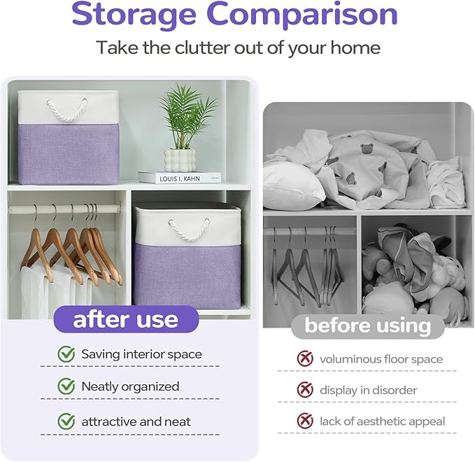 VQRTEXA 13 x 13 Inch Cube Storage Bins, 6 Pack Fabric Storage Basket with Handles, Foldable Boxes Organizer for Shelf Baskets for Home, Clothes (White/Purple)
