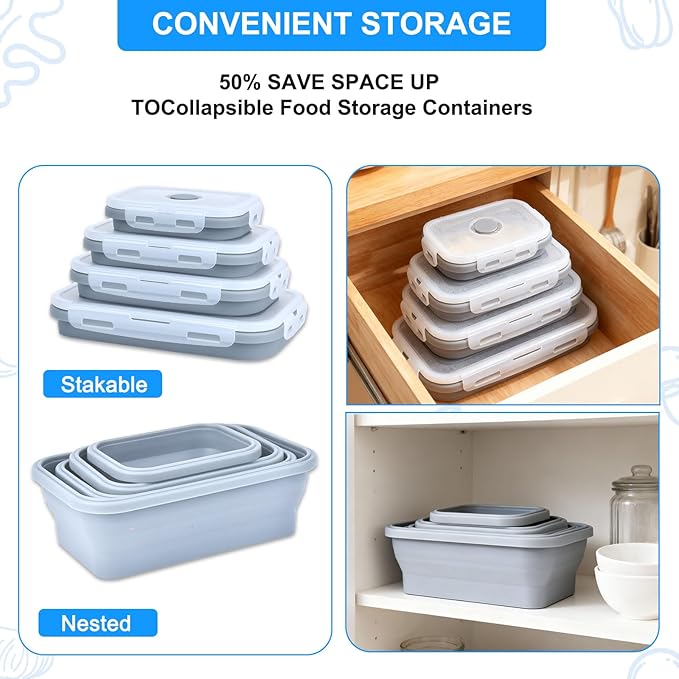 4 Set Collapsible Food Storage Containers Silicone Lunch Container with Lids Collapsible Lunch Box Food for Camper Leftovers Snacks Meals Dorm Kitchen Microwave Blue with Gray Edges