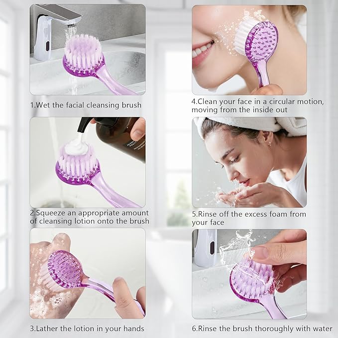 3 Pcs Facial Cleansing Brush, Manual Face Brushes for Cleansing and Exfoliating, Face Scrubber to Massage, Deep Pore Exfoliation, Makeup Remove and Skin Care with Soft Bristles, Clear Purple