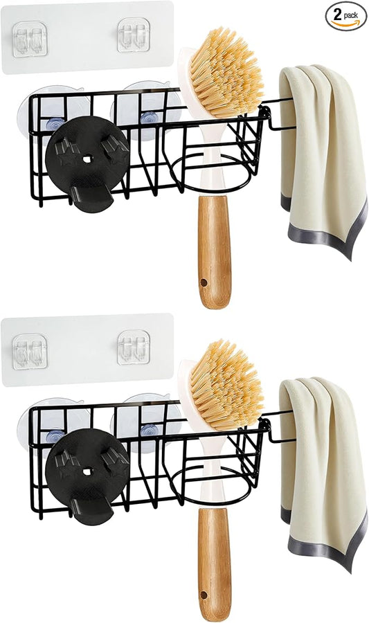 Sponge Holder Smile Face with Dish Cloth Hanger for Kitchen Sink, In-sink Caddy Organizer with Suction Cups & Adhesive Strips, Rustproof Sponge Rack for Soap, Brush, Scrubber - Black（2 Pack）