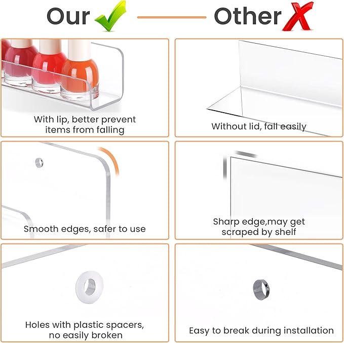 upsimples 6 Pack Clear Acrylic Shelves, 1.7" x12" Clear Wall Shelves for Nail Polish, Vinyl Wall Mount, Record Holder, Magazine Rack, Comic Display, Picture Ledge Shelf Décor
