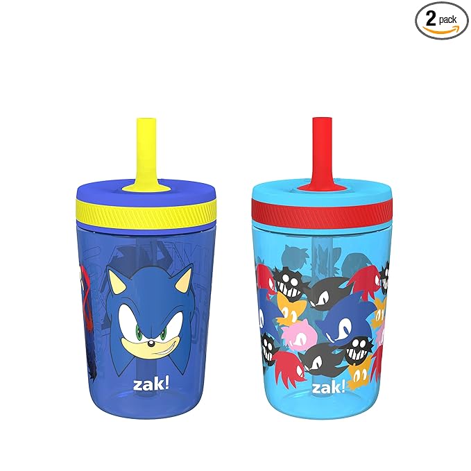 Zak Designs Sonic the Hedgehog Kelso Toddler Cups For Travel or At Home, 15oz 2-Pack Durable Plastic Sippy Cups With Leak-Proof Design is Perfect For Kids (Sonic)