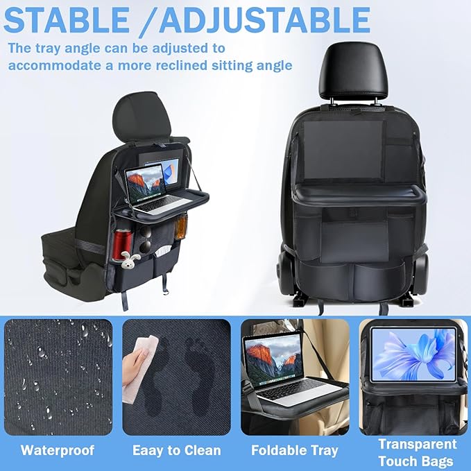 Backseat Car Organizer, Kick Mats Back Seat Protector with 8 Storage Pockets, Car Organizers and Storage with Car Food Tray Travel Accessories, 2 Pack