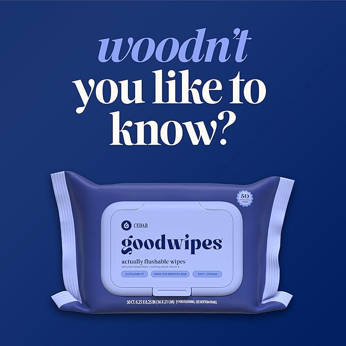 goodwipes Flushable Wipes - Cedar Wet Wipes for Adults, Sewer & Septic Safe, Guest Bathroom Essentials for Women & Men, pH Balanced & Extra Large, 153 Count (3 Packs and 3 Singles)