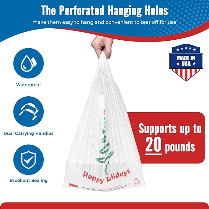Fuxury 1000 Count - Happy Holiday Plastic T-shirt Bags with Handles (11.5" x 6.5" x 21"), Grocery, Take Out, To Go, Retail Shopping Bags in Bulk for Small Business