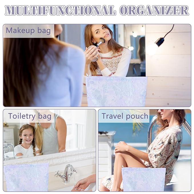 ZLFSRQ Flower Makeup Bag for Women Girls Teens Travel Cute Floral Cosmetic Bags Large Zipper Cosmetic Pouch Purse Portable Toiletry Bag Aesthetic Embossed Blue Purple Makeup Brushes Storage Organizer