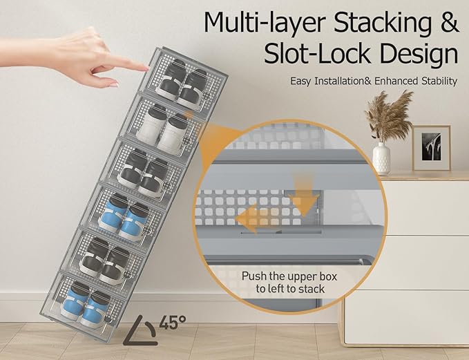 Kuject XX-Large Shoe Storage Boxes Organizers Clear Plastic Stackable 12 Pack, Shoe Rack & Holder Substitute, Sneaker Containers, Shoe Storage Organizer Bins for Closet, Under Bed, Grey (No Fold Line)