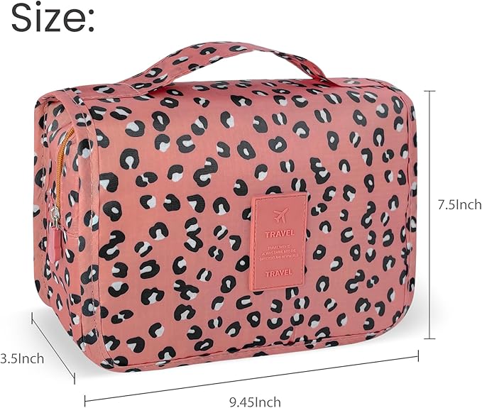 Lcsmaokin Large Capacity Toiletry Bag Travel Bag with Hanging Hook for Men and Women Waterproof Travel Cosmetic Bag Bathroom Storage Bag for Brushes Set,Full-Sized Shampoo,Accessories-Pink Leopard