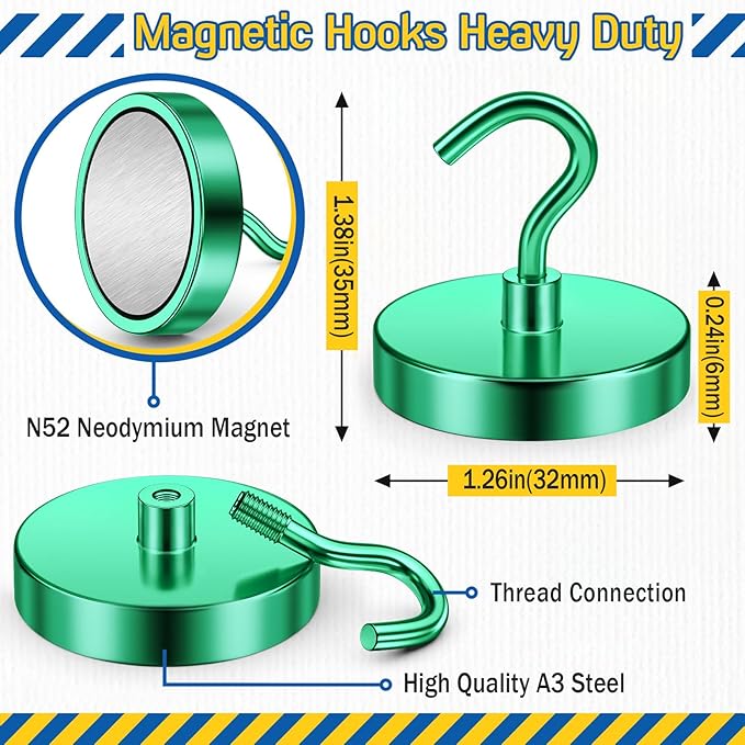 FINDMAG Magnetic Hooks for Cruise Cabins, 110lbs Magnetic Hooks for Classroom, Magnets for Cruise, Heavy Duty Magnets Strong, Classroom Decor, Locker Organizer, Camping Essentials, 6 Pack, Green