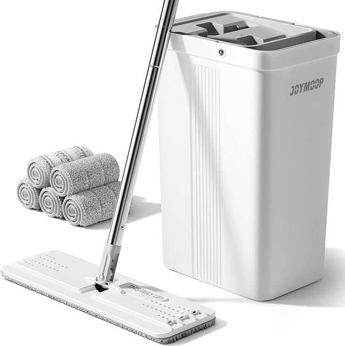 JOYMOOP Mop and Bucket Set, White Flat Mop with Long Handle for Floor & Wall Cleaning, Wet & Dry Use, Hardwood Floor Cleaner, Ideal for Household & Commercial Use, 5 Microfiber Pads Included