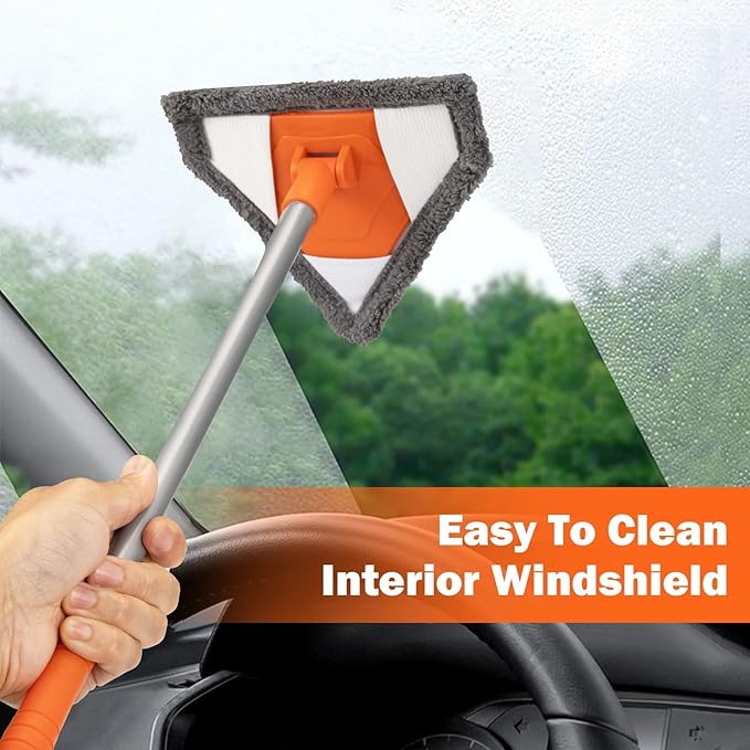 Windshield Interior Cleaner Tool - Auto Glass Wash Brush with 2 Washable and Reusable Microfiber Pads,Car Accessories Interior Triangular Mop Cleaning Kit for Trucks, SUVs, RVs & Home Windows