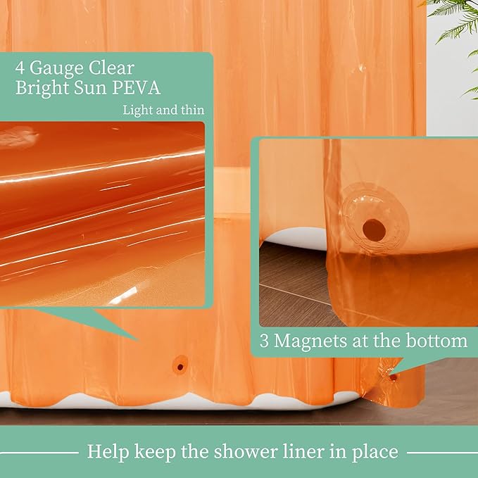 Mrs Awesome Clear Orange Shower Curtain Liner with 3 Magnets, 72x72 Premium Flexible Sturdy Plastic Shower Curtain for Bathroom Lightweight & Waterproof, Clear Orange