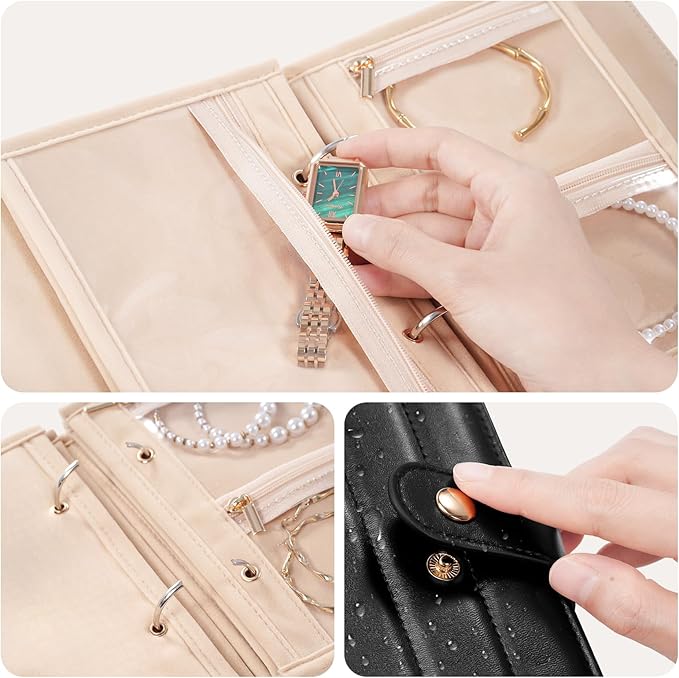 Lolalet Travel Jewelry Organizer Case, Portable Jewelry Storage Book Portfolio Binder with Zipper Velvet Pouch and Built-in Mirror for Women - Black