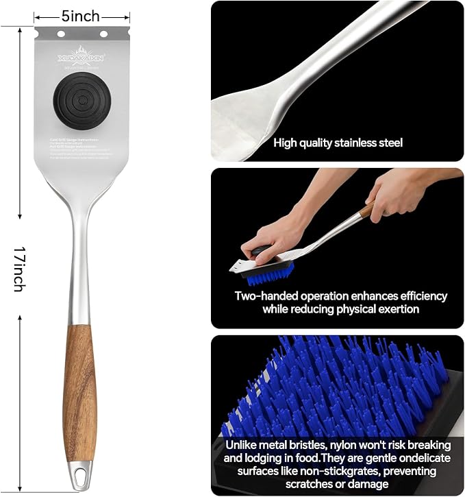 XUDAKAIXIN Grill Brush and Scraper, Dual Grip Design, Extra Strong BBQ Cleaner Accessories, Safe Nylon Bristles Barbecue Triple Scrubbers Cleaning Brush for Cast Iron Grates/Porcelain/Charcoal Grill