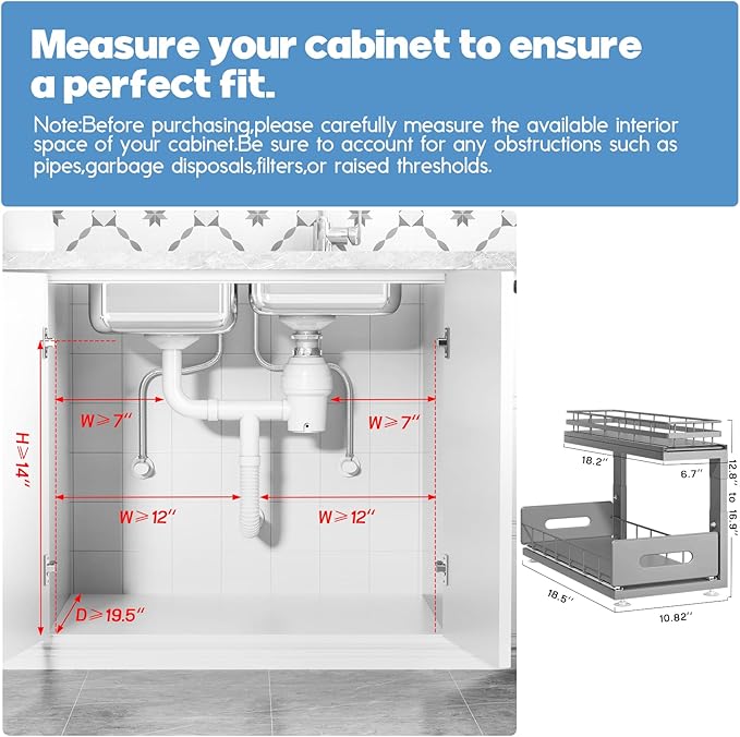 1 Pack 18 IN Depth Under Sink Organizer with Smooth Ball Bearing Slides, 2-Tier Pull Out Cabinet Storage, Slide Out Drawers for Bathroom&Kitchen, Rust-resistant Coating, Height Adjustable - Gun Gray